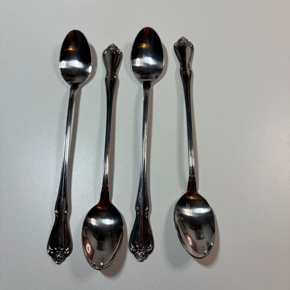 1881 Rogers Oneida Rose Stainless Iced Tea Spoons Set of 4 Long Handle Floral